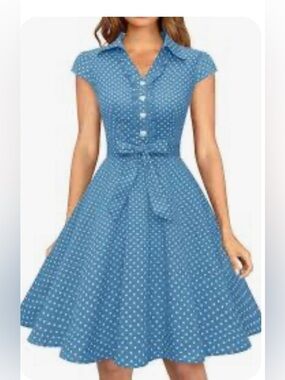 Vintage-Inspired Blue Polka Dot Mini Dress with Self-Tie Waist